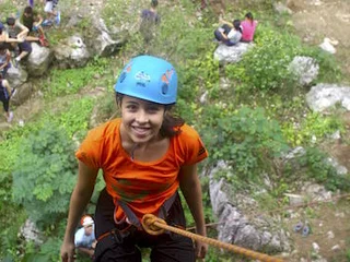 Rock climbing, Zen Quest, student, cliff, grass, blue helmet