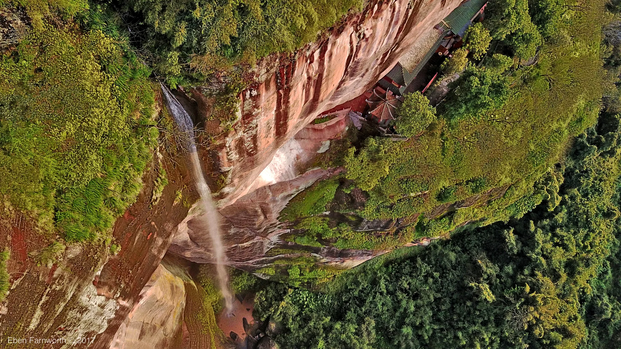 Danxia Mountain drone image, waterfall and temple