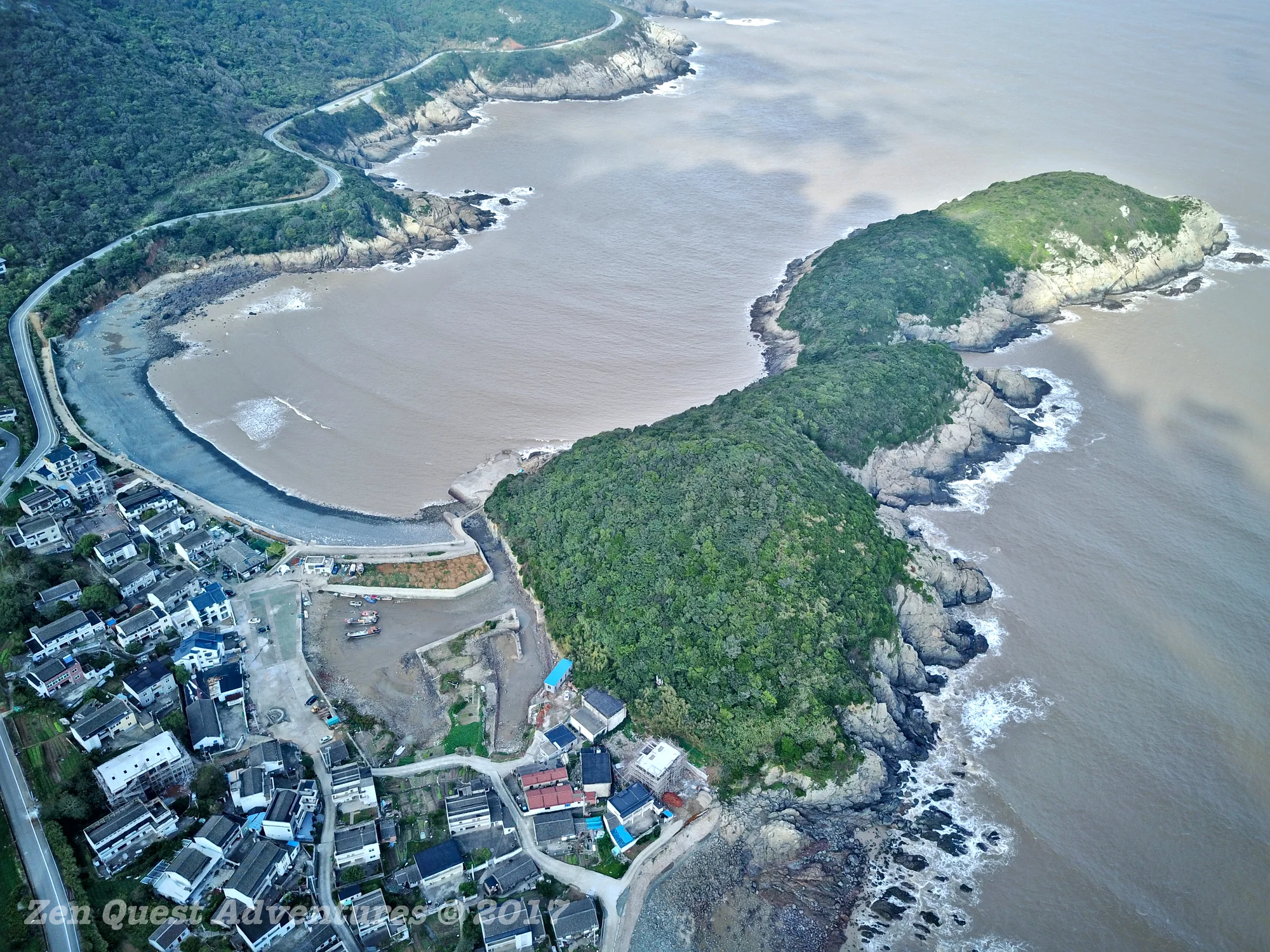 Drone view of a fishing village on Zhaosandao Island