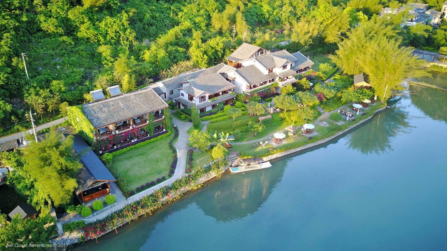 Yangshuo Mountain Retreat, drone shote, sunshine