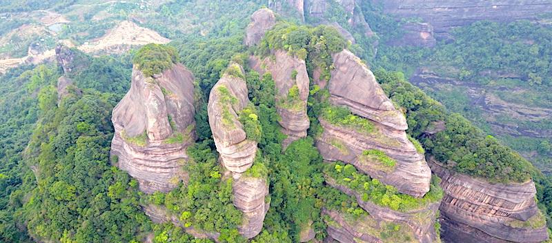 Areal photo, Danxia mountain, sandstone towers and trees