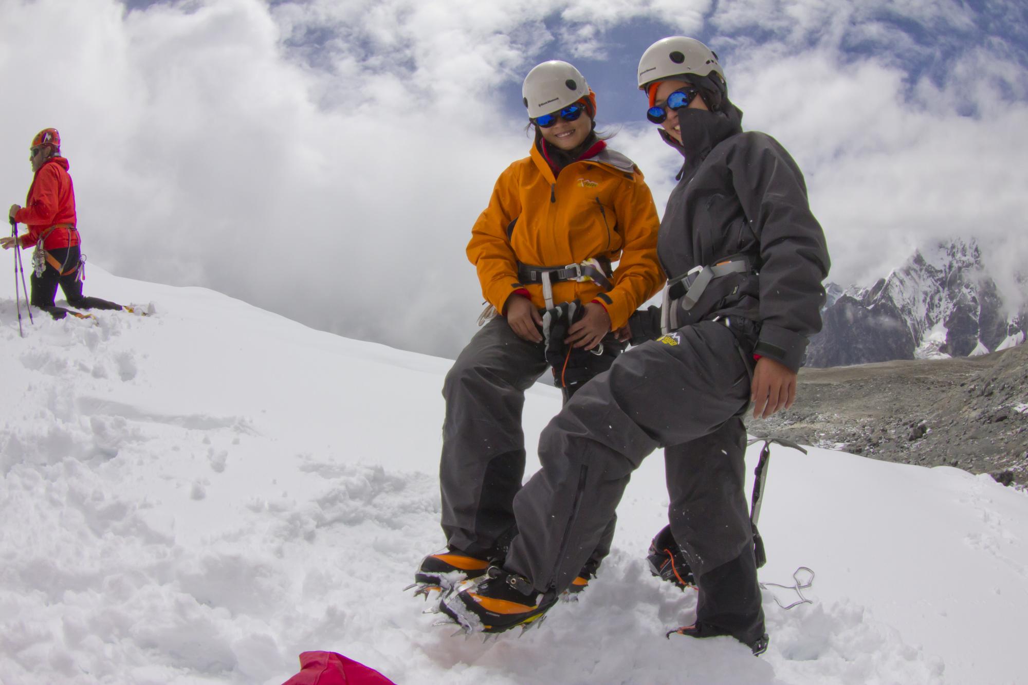Shishapangma 5000m glacier training, two students, with crampons